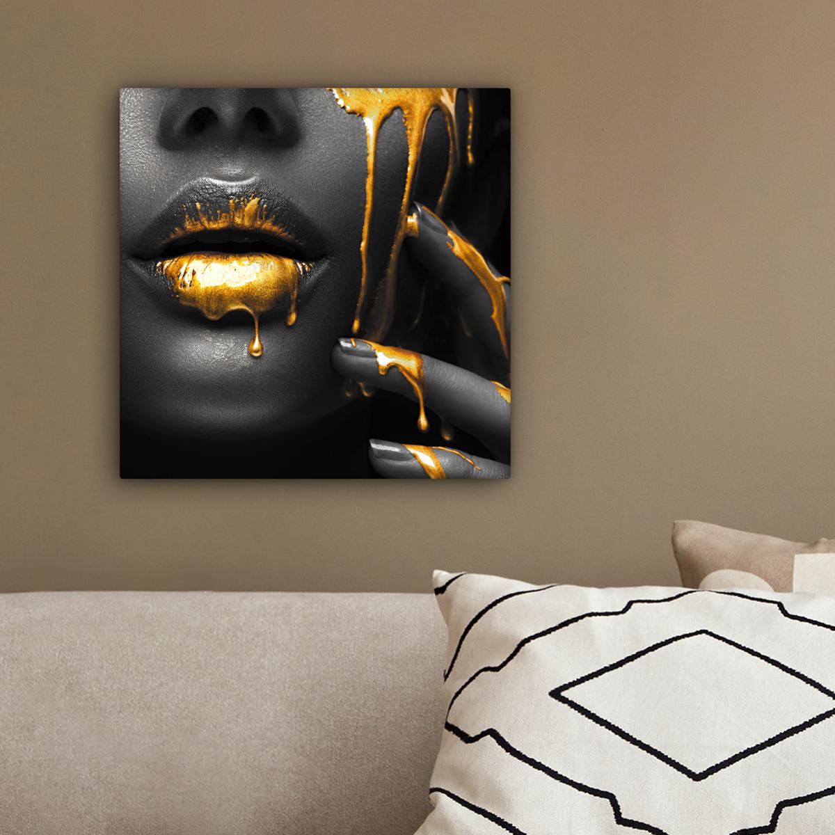 LEINWANDBILD Frau - Schwarz - Gold - Gesicht - Lippen Deko Wohnzimmer 20x20 cm - Goldfarben, Textil (20/20cm) - MuchoWow