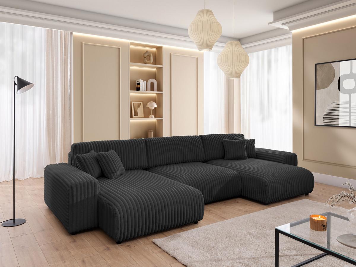 WOHNLANDSCHAFT Mollis Dunkelgrau Plüschcord mit Schlaffunktion - Dunkelgrau/Schwarz, Holz/Kunststoff (350/77/168cm) - S-Style Möbel