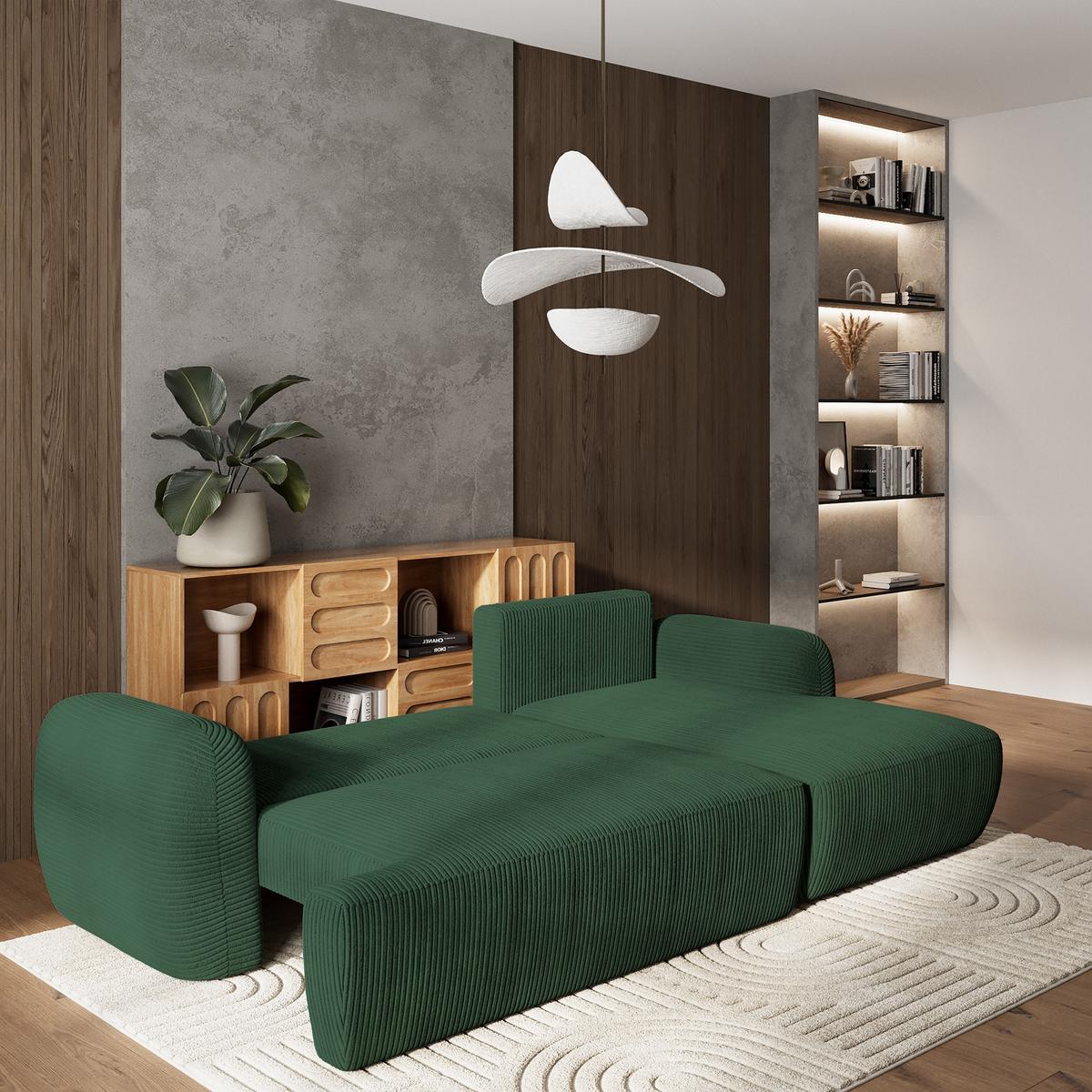 ECKSOFA MODENZA P R-S Grün Kordstoff mit Schlaffunktion - Schwarz/Grün, Holz/Kunststoff (266/148cm) - MASSENO