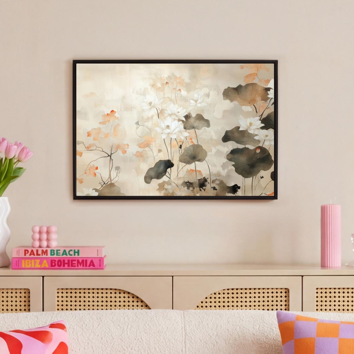 LEINWAND Bilder mit Rahmen - Blumen - Japandi - Wabi sabi - 60x40 - Sandfarben, Textil (60/40cm) - MuchoWow