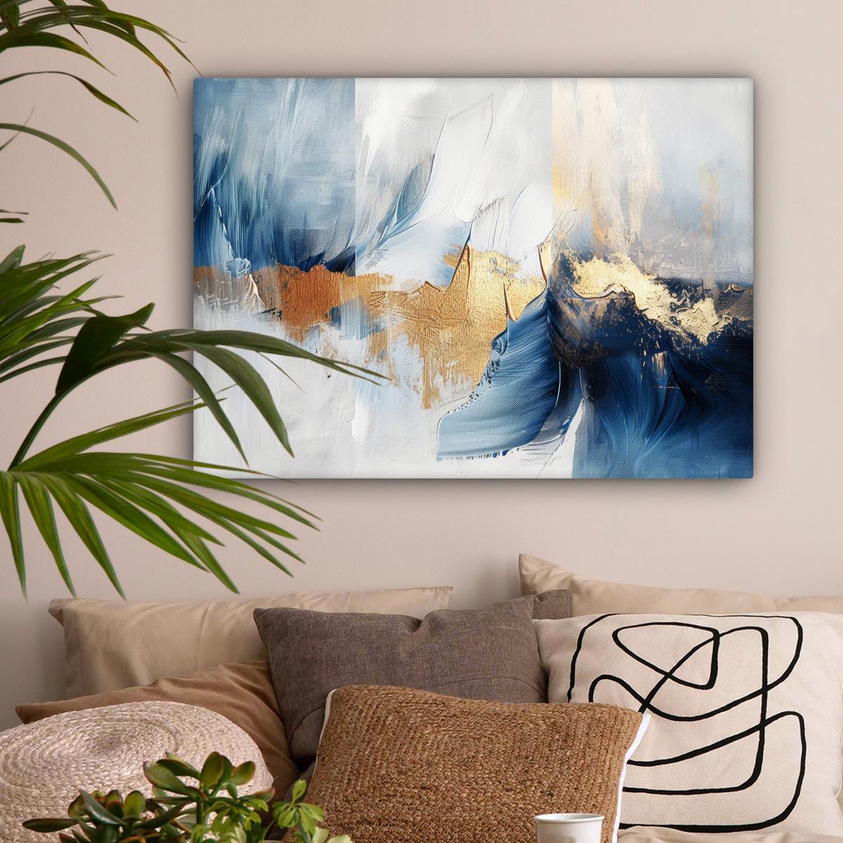 LEINWANDBILD Gold - Blau - Aquarell - Kunst - Modern Wandbilder 80x60 cm - Hellblau, Textil (80/60cm) - MuchoWow