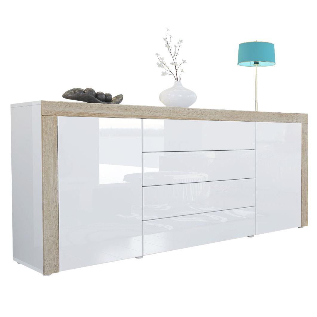 SIDEBOARD La Paz Weiß Hochglanz / Eiche sägerau - Hellbraun/Weiß Hochglanz, Holzwerkstoff (167/72/35cm) - Vladon