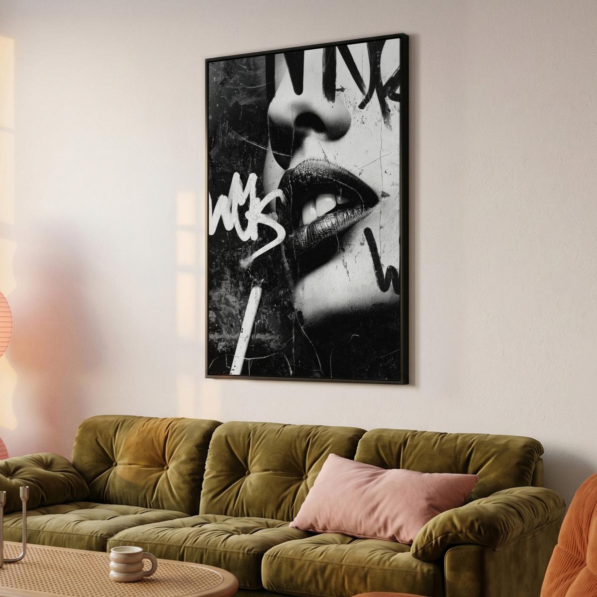 LEINWAND Bilder mit Rahmen - Gesicht - Mund - Graffiti - Schwarz - 90x140 - Schwarz, Textil (90/140cm) - MuchoWow
