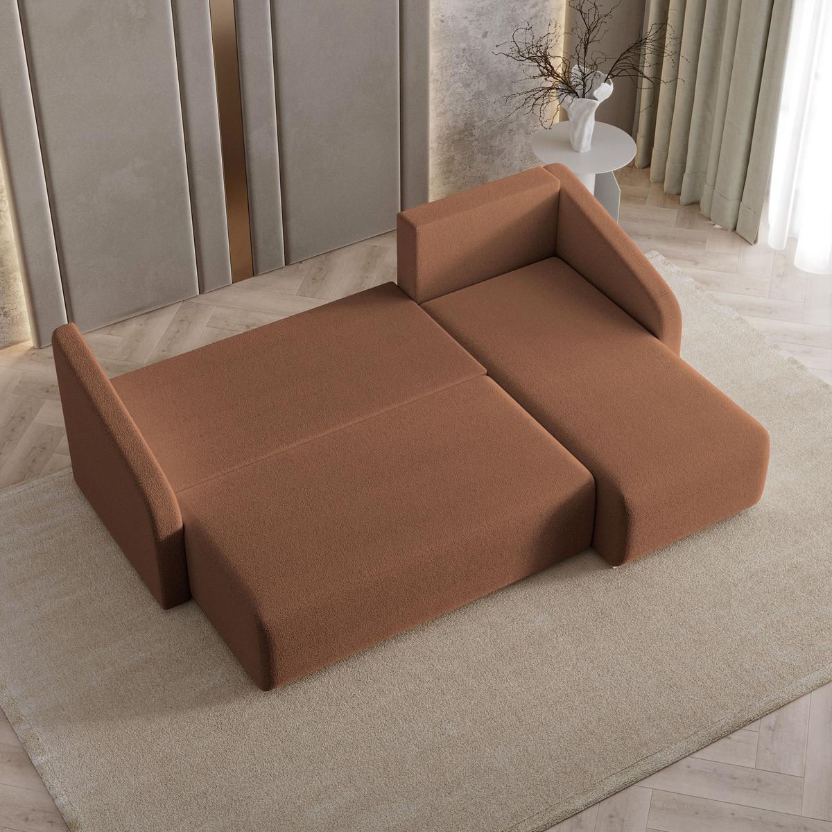 ECKSOFA MARELLO Kupferfarben Boucle-Stoff mit Schlaffunktion - Kupferfarben, Holz (220/143cm) - MASSENO
