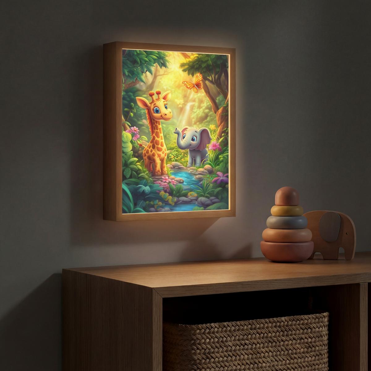 WANDLEUCHTE MIT AKKU Giraffe - Elefant - Blumen - Dschungel 30x40 cm - Grün, Holzwerkstoff (30/40/8cm) - OnlyWow