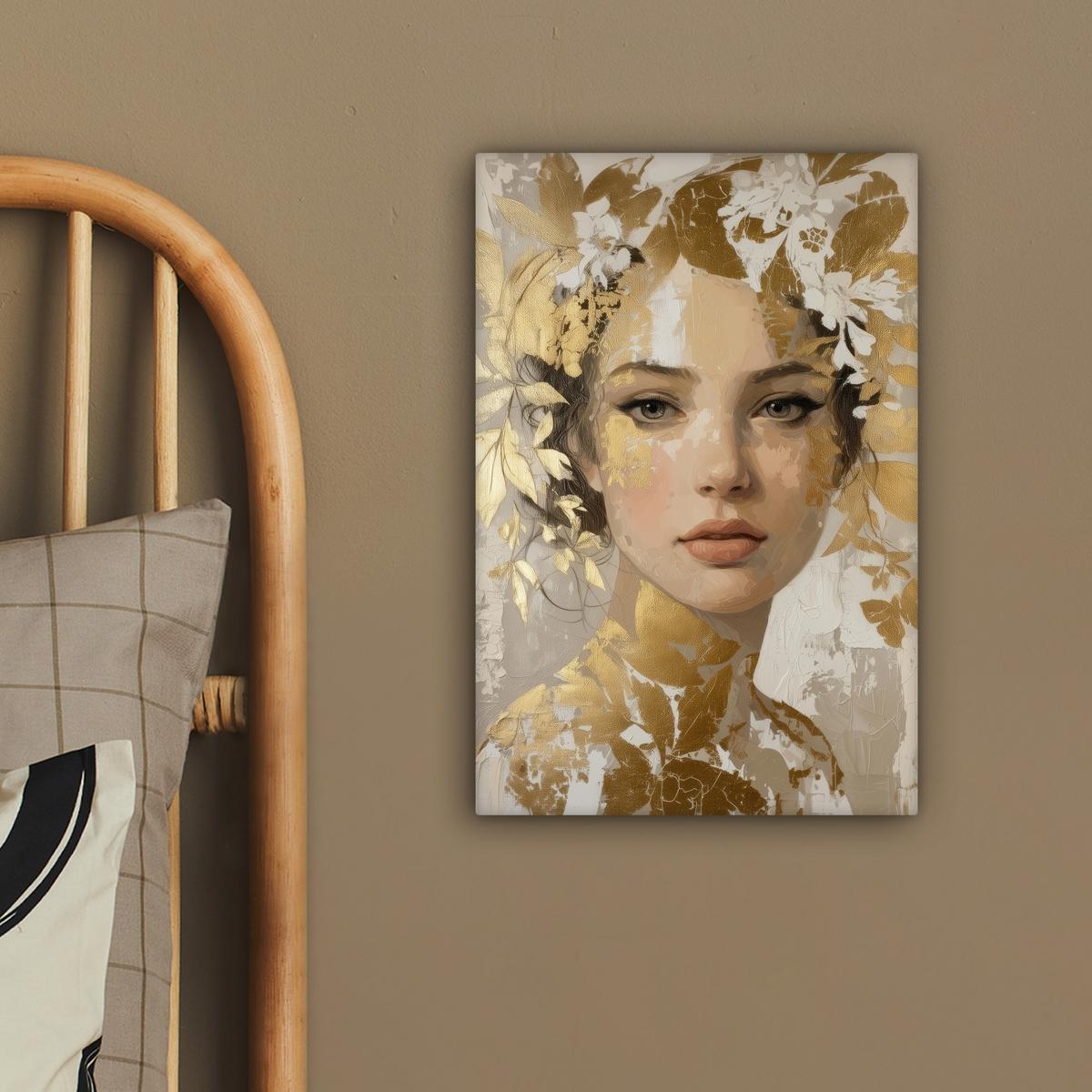LEINWANDBILD Gesicht - Frau - Blätter - Gold Deko Wohnzimmer 20x30 cm - Beige, Textil (20/30cm) - MuchoWow