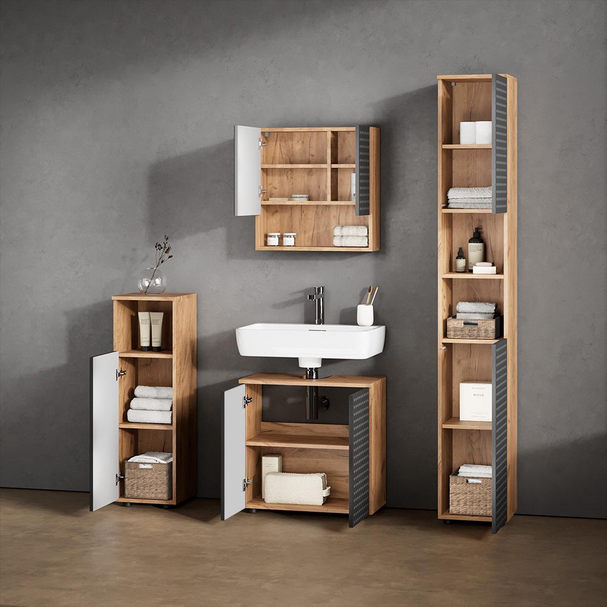 BADMÖBEL-SET Ronco Anthrazit gepunktet 4 Teile, mit Hochschrank - Anthrazit, Holzwerkstoff (80/58.6/41cm) - Livinity®