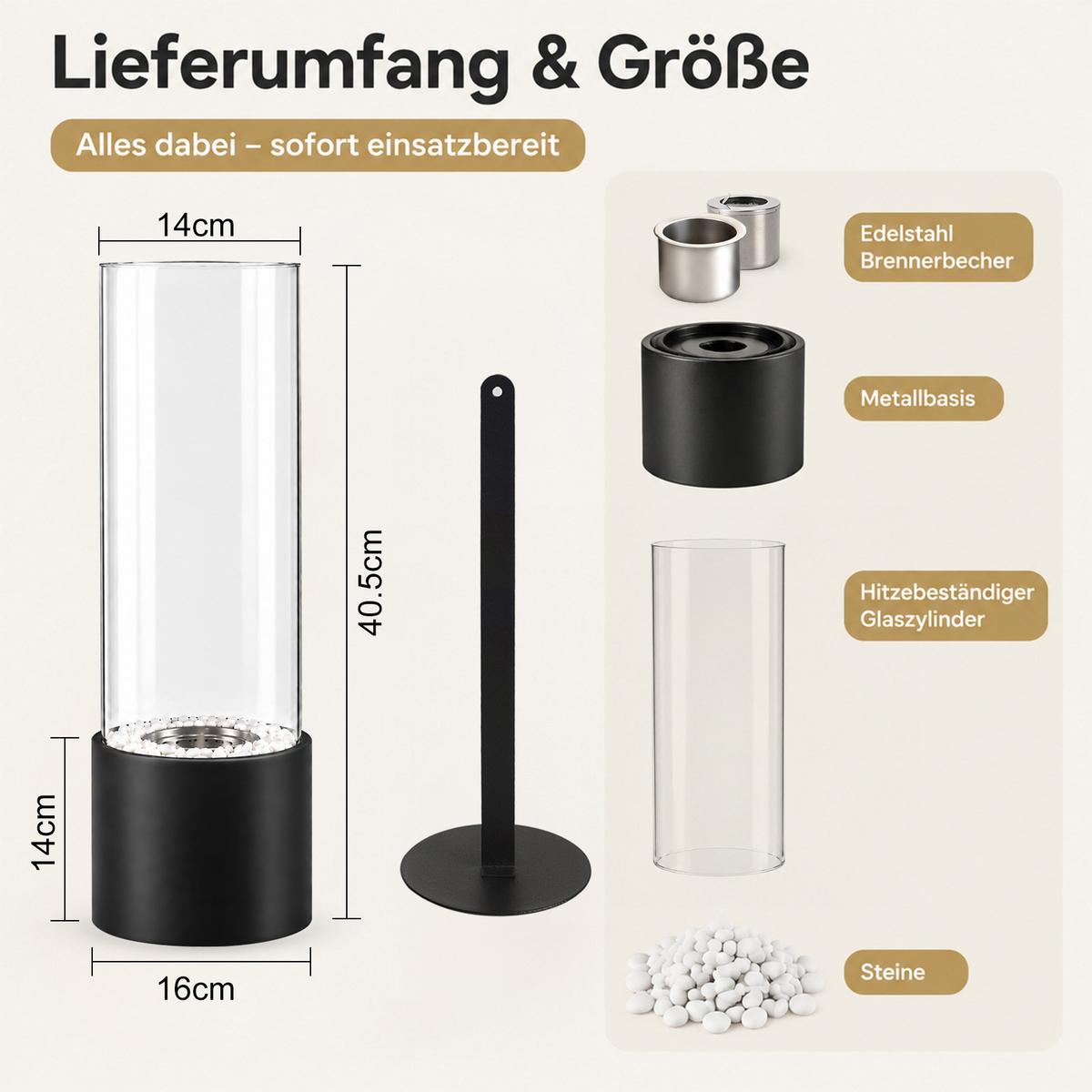 TISCHKAMIN Grythnal 16/14/40.5 cm - Schwarz, Glas/Metall (14/40.5/16cm) - ZMH