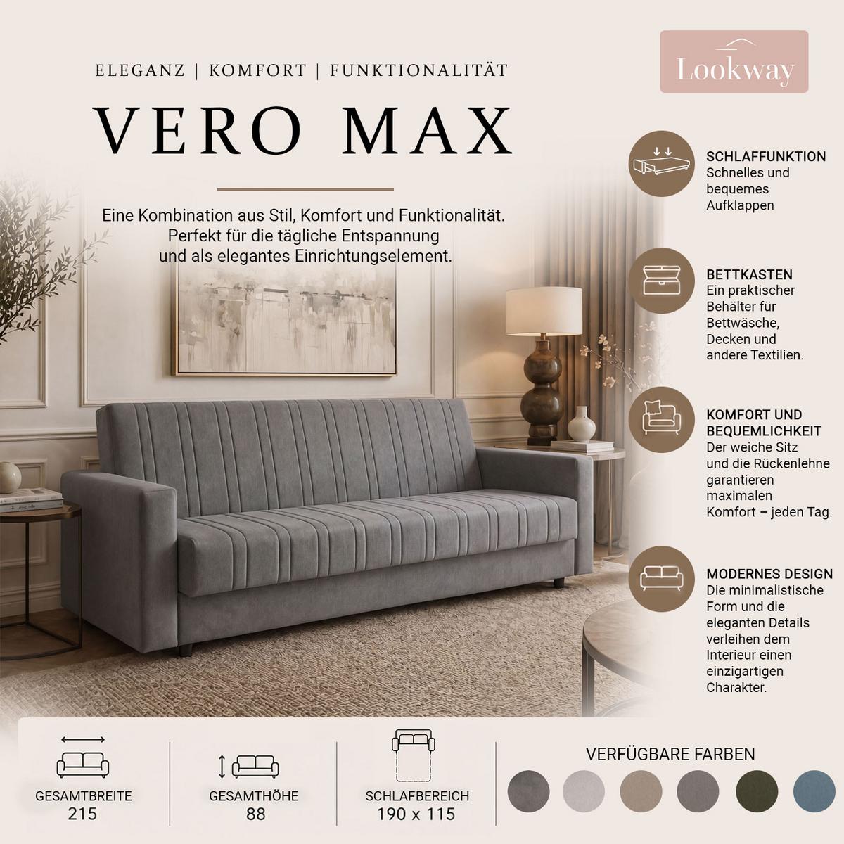 SCHLAFSOFA VERO MAX mit Schlaffunktion Castel 04 - Beige, Textil (191/88/90cm) - Lookway