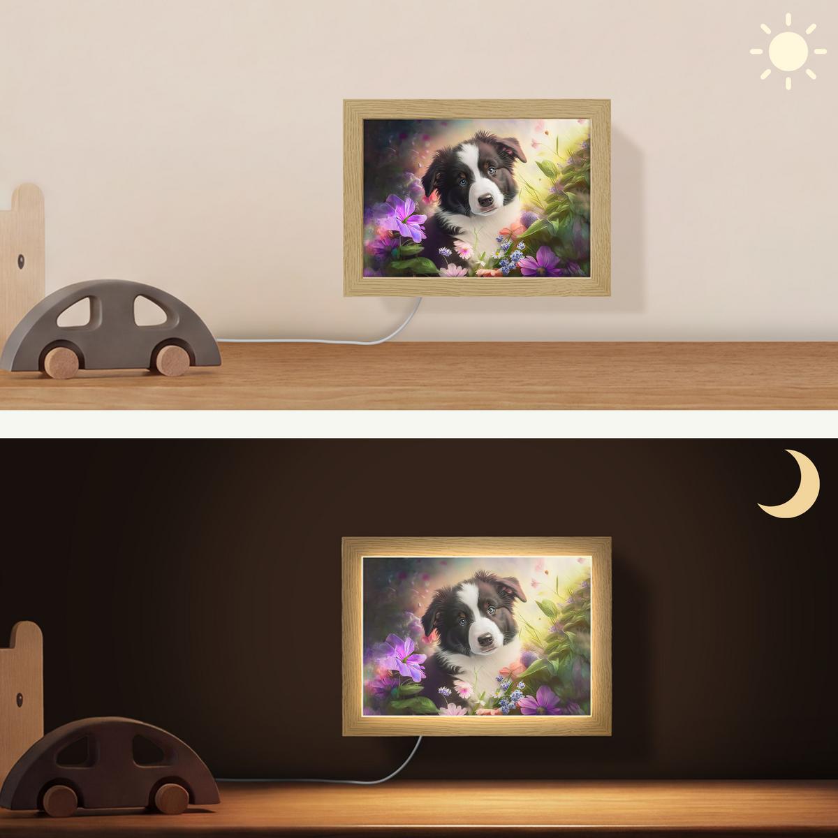 WANDLEUCHTE Welpe - Sonne - Blumen - Natur - Border Collie - Hund 20x15 cm - Violett, Holzwerkstoff (20/15/8cm) - OnlyWow