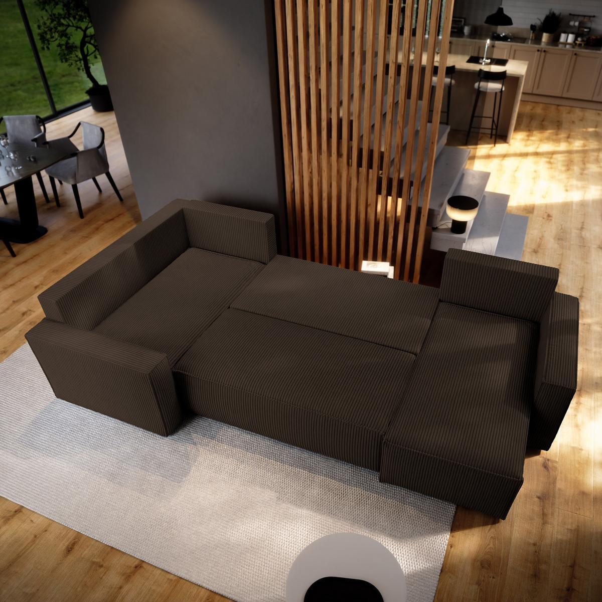 WOHNLANDSCHAFT NORENA L-S Braun Kordstoff mit Schlaffunktion - Braun, Holz (295/85/157.5cm) - MASSENO