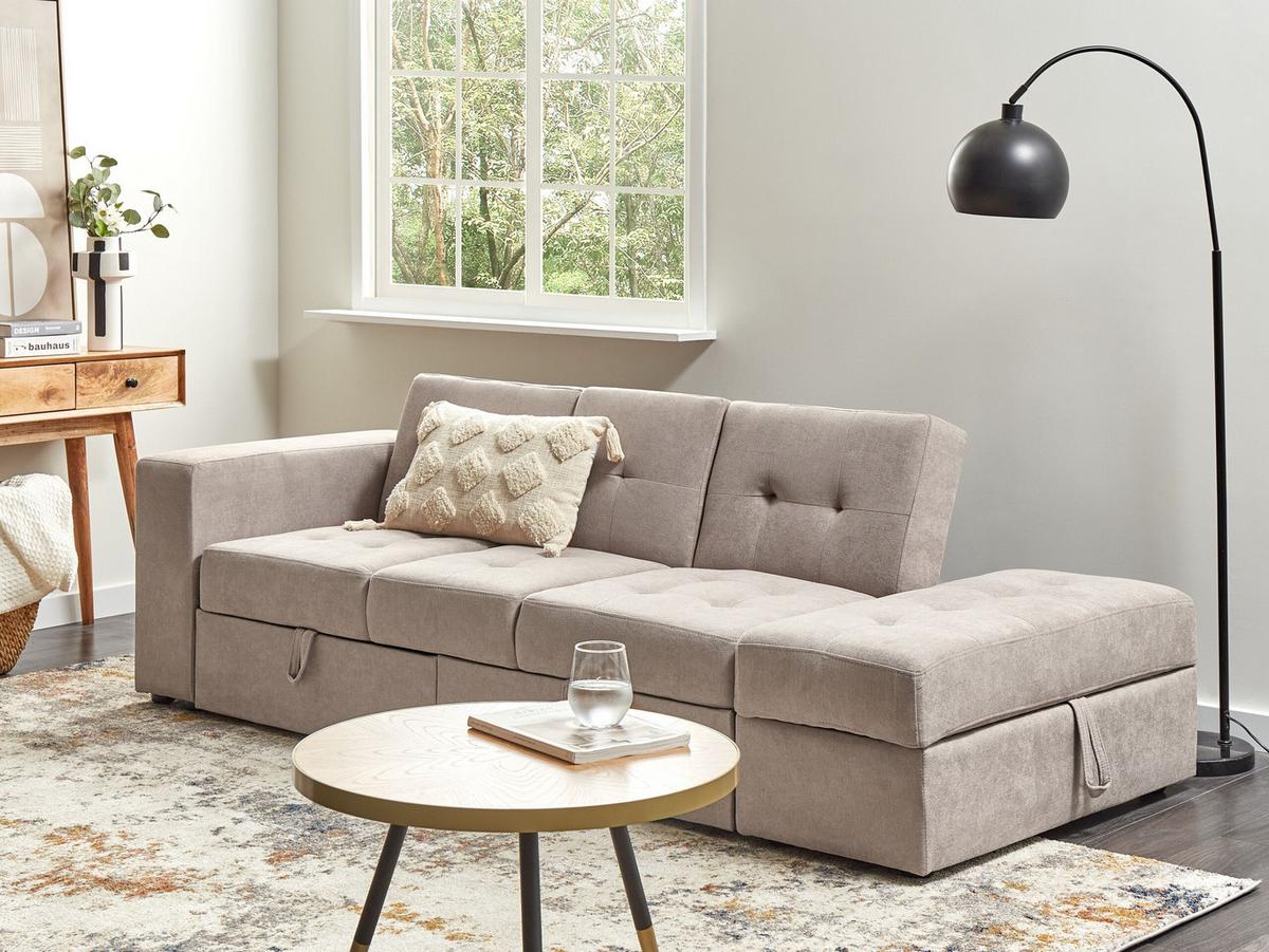 SCHLAFSOFA 3-Sitzer Stoff Hellbraun mit Stauraum Falster - Hellbraun, Textil (210/75/94cm) - Beliani