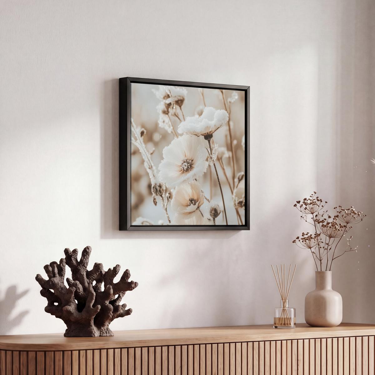 LEINWAND Bilder mit Rahmen - Blumen - Winter - Weiß - Schnee - Beige - 20x20 - Creme, Textil (20/20cm) - MuchoWow