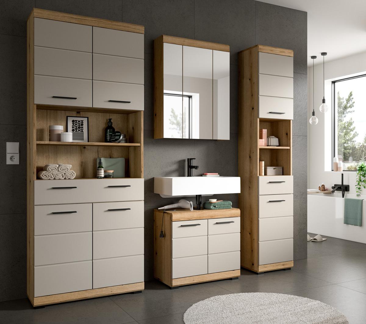 BADMÖBEL-SET 4-teilig Sand Kashmir, Evoke Eiche, Badkombination 200 x 191 cm - Kaschmir/Eichefarben, Glas/Holzwerkstoff (201/191/34cm) - Inn.Furn