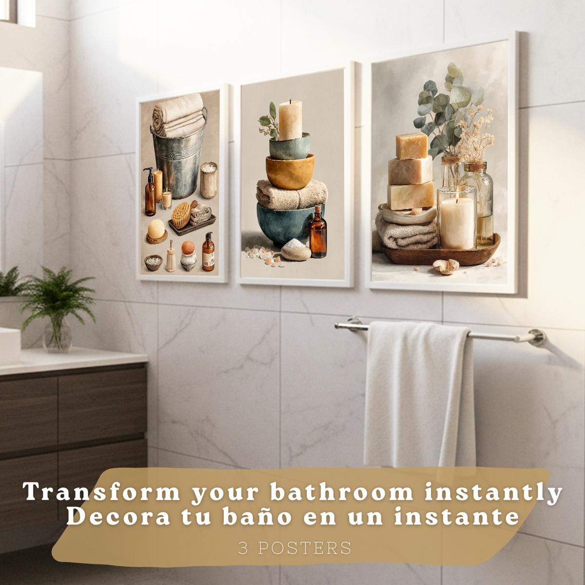 POSTER Set aus 3 Badezimmer Wandbildern und Drucke zur Dekoration für Waschbecken Dusche WC und Bad mit Kerzen Seifen und Handtüchern Rahmenlos A3 - Klar, Papier (42/29.7/3cm) - Nacnic
