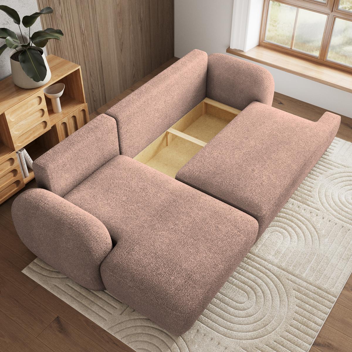 ECKSOFA MODENZA N L-S Rosa Boucle-Stoff mit Schlaffunktion - Schwarz/Rosa, Holz/Kunststoff (266/148cm) - MASSENO