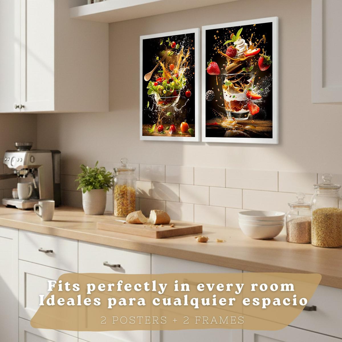POSTER 2er Set Küchen-Wandbilder Erdbeer-Dessert und Salat Splash Fotografie Schwarzer Hintergrund Deko Rahmenlos A4 - Weiß, Papier (29.7/1/21cm) - Nacnic