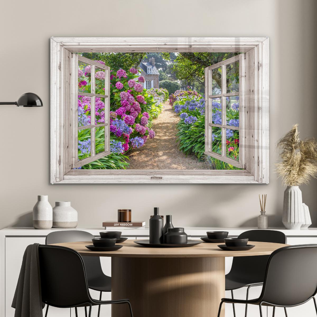 ACRYLGLASBILD Hortensie - Durchsichtig - Blumen - Sommer - Lila - Weg Wandbild Schlafzimmer 120x80 cm - Lila, Glas (120/80cm) - MuchoWow