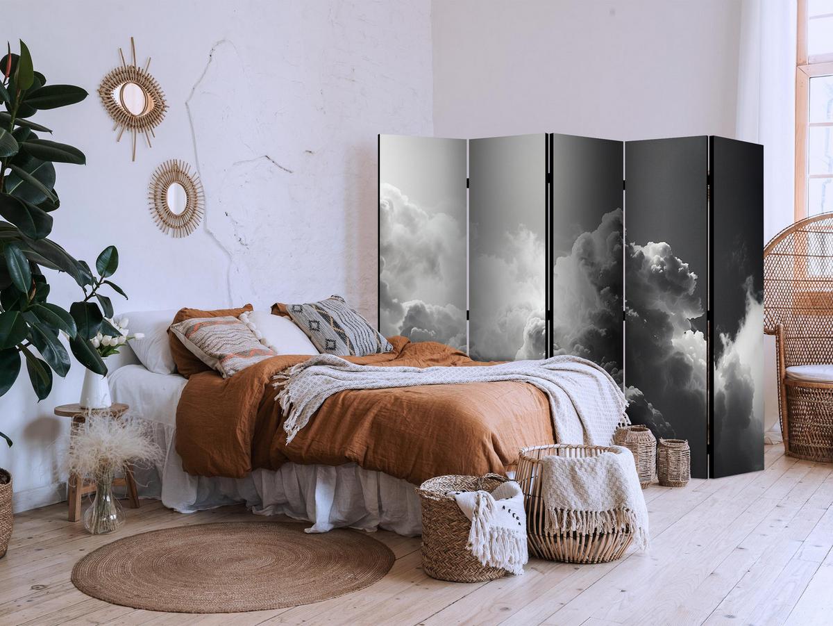 PARAVENT Akustik 5-tlg 225x172 cm Schwarz-Weisser Himmel - Schwarz, Holz/Textil (225/172/3cm) - Muralo