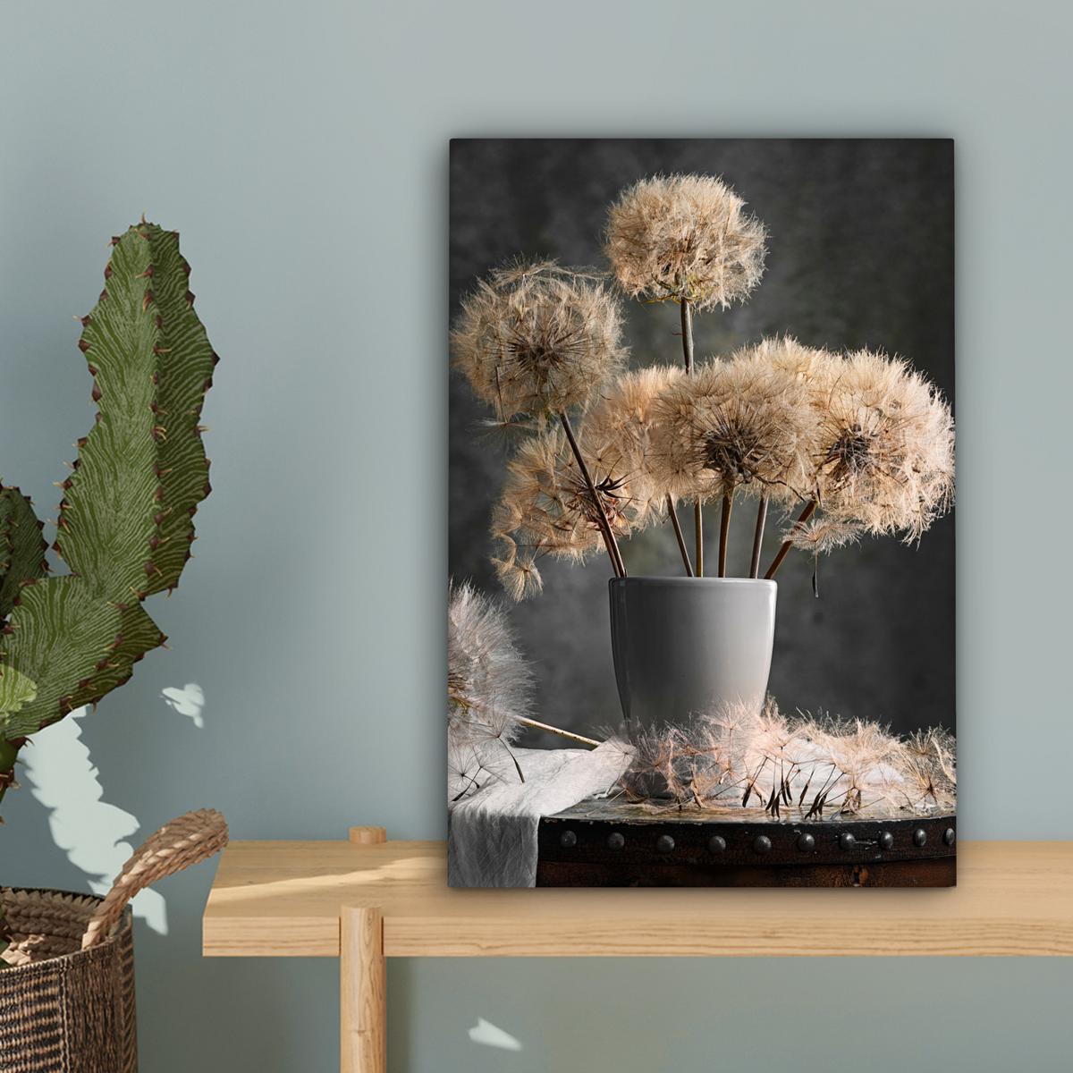LEINWANDBILD Blumensamen - Löwenzahn - Vase - Stilleben - Blumenstrauß Deko Wohnzimmer 20x30 cm - Dunkelgrau, Textil (20/30cm) - MuchoWow