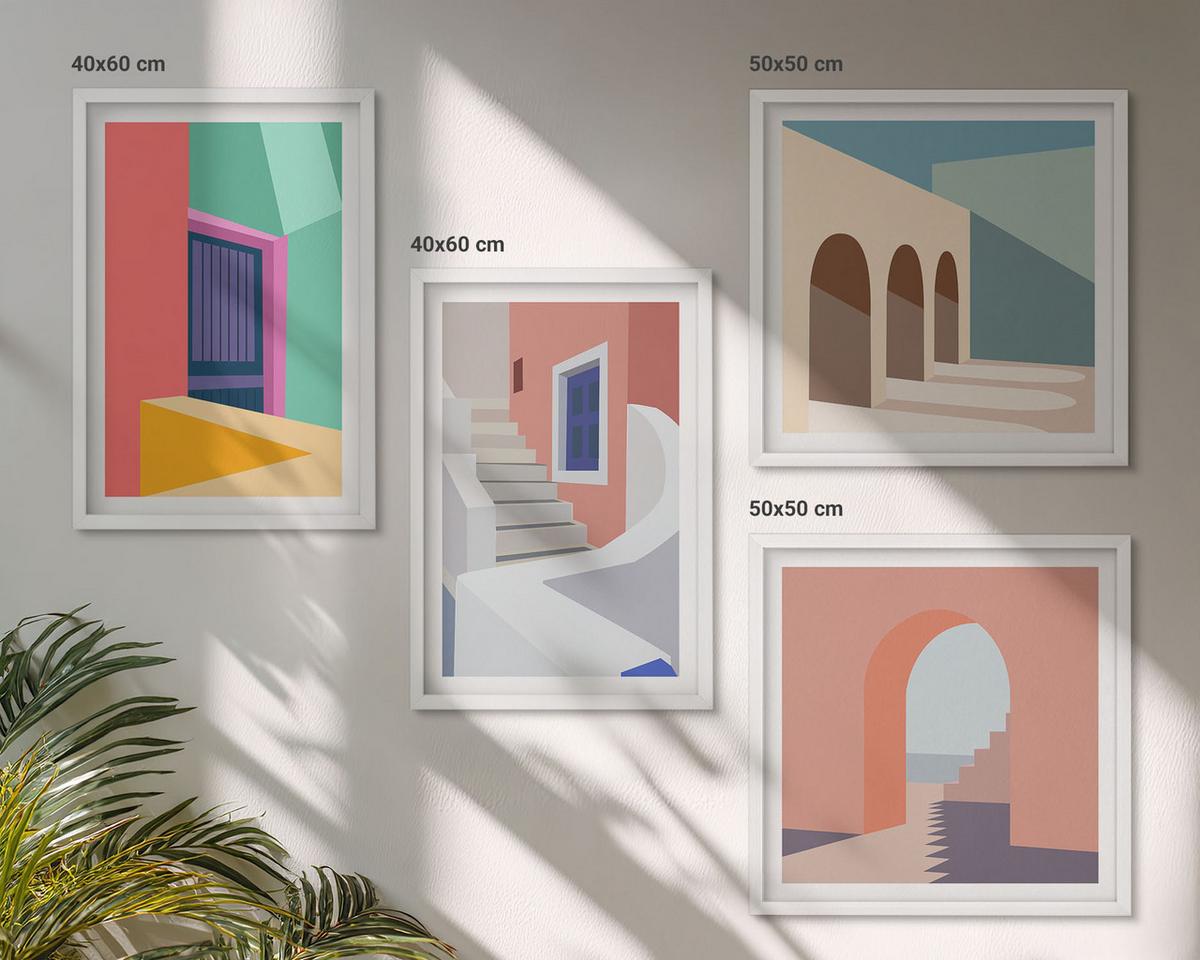 BILDER SET 4er Set - 50x50 cm & 40x60 cm Weißer Rahmen - Farbenfrohe moderne Gebäude - Weiß, Kunststoff (50/50cm) - TULUP