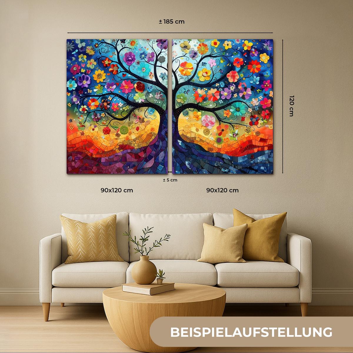 LEINWANDBILD 2er Set Bunt - Baum des Lebens - Blumen - Abstrakt 120x80 cm - Blau, Textil (120/80cm) - MuchoWow