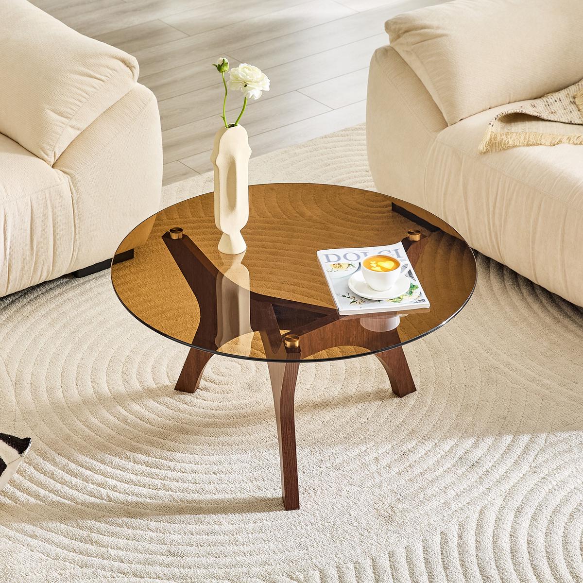 COUCHTISCH rund (Ø 80cm) aus Walnuss-Holz und bernsteinfarbenem Glas - Walnussfarben, Glas (80/80/42.2cm) - Urban Meuble
