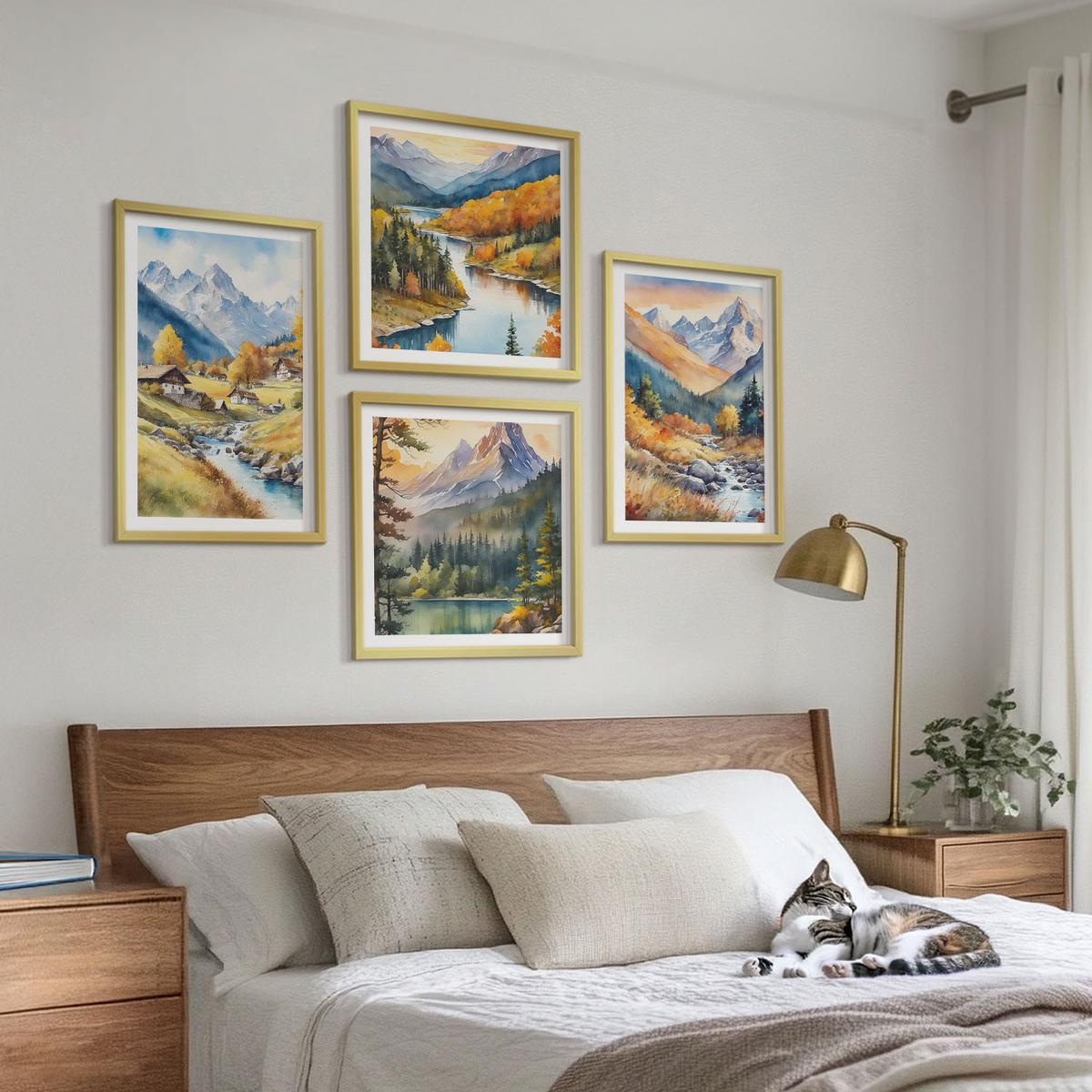 BILDER SET 4er Set - 50x50 cm & 40x60 cm Goldrahmen - Berglandschaft, Flusshütten - Goldfarben, Kunststoff (50/50cm) - TULUP