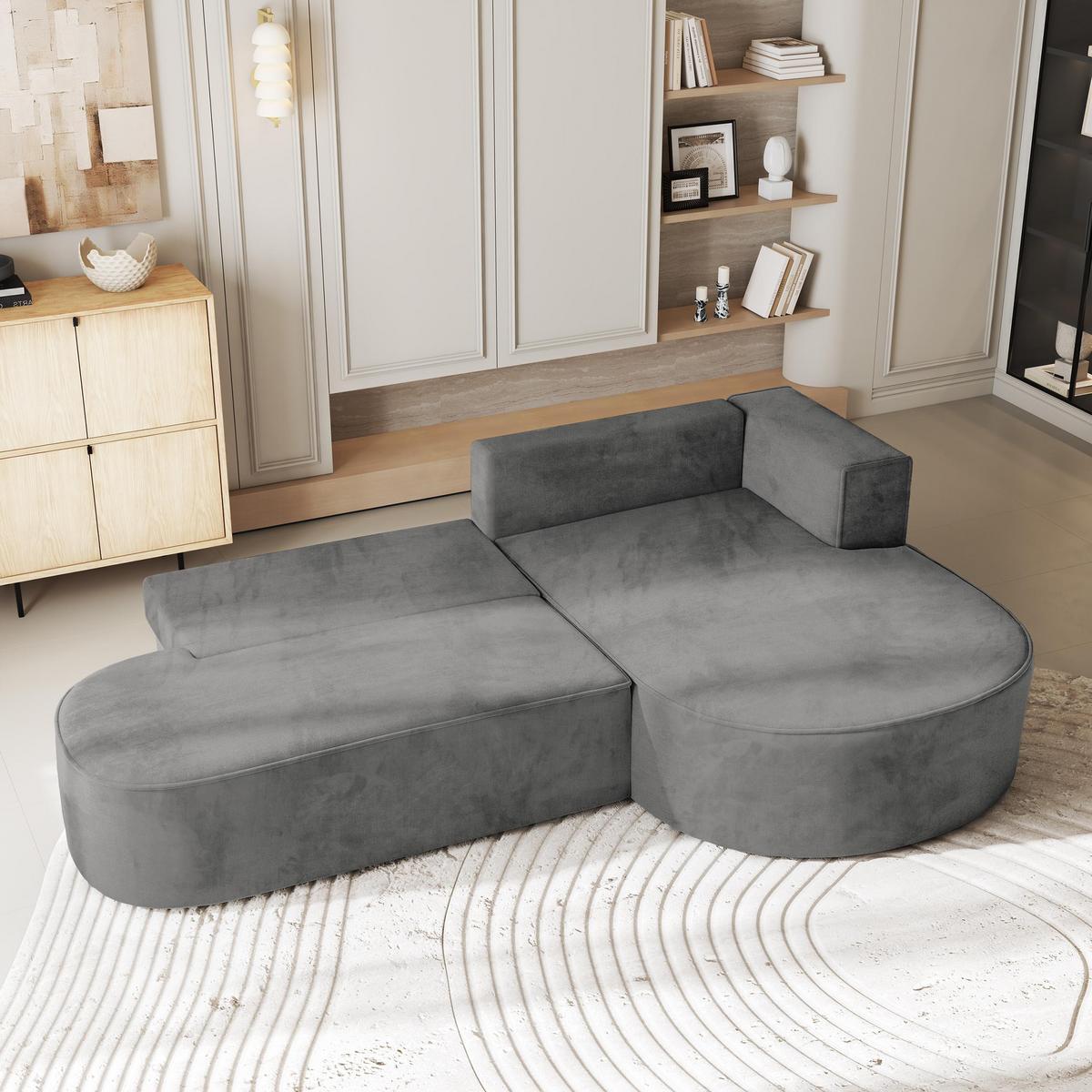 ECKSOFA CORTIO M R-S Grau Velours-Stoff mit Schlaffunktion - Grau, Holz/Kunststoff (265/174cm) - MASSENO