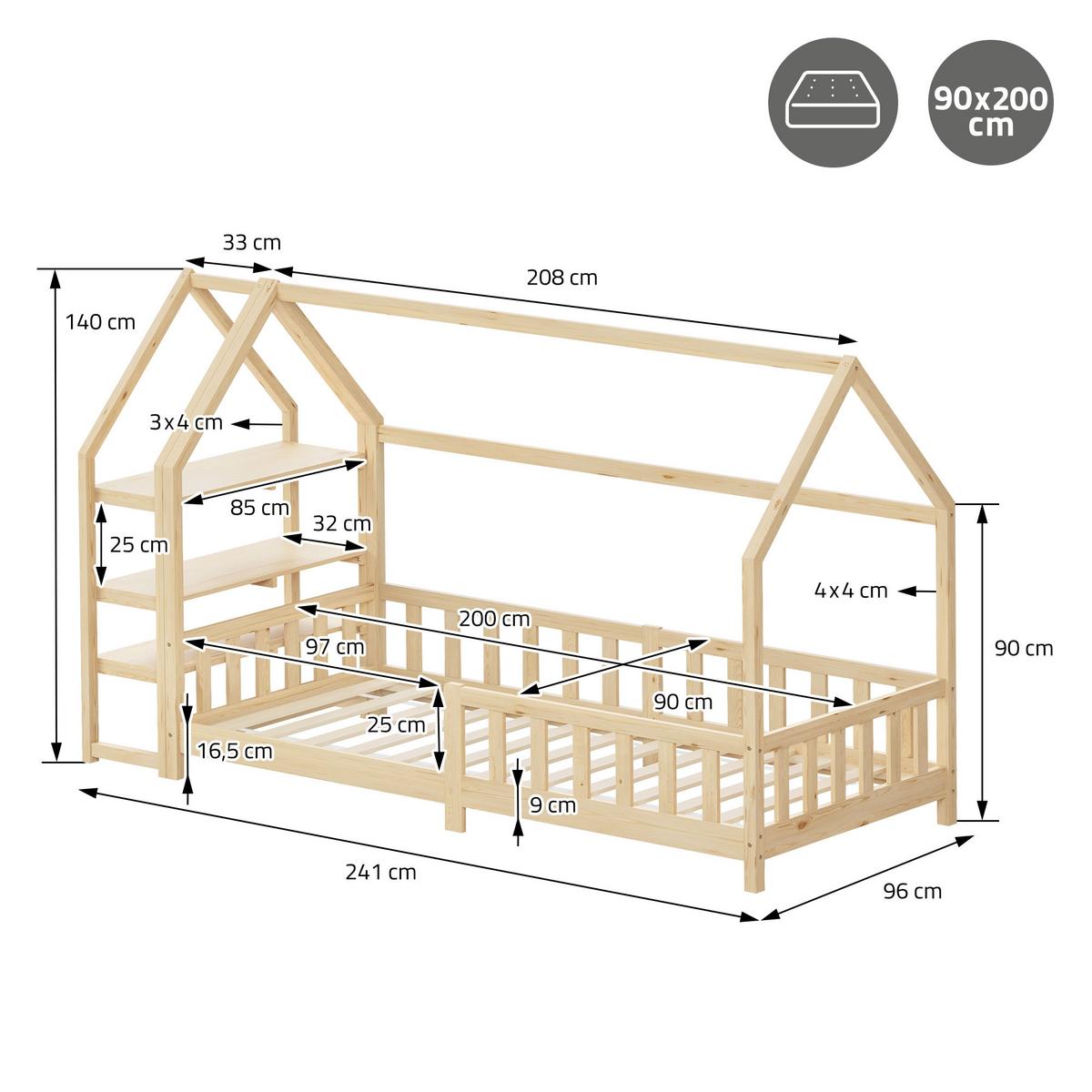 KINDERBETT 90x200 cm mit Matratze & Regal Natur aus Kiefernholz - Naturfarben, Holz (90/200cm) - ML-DESIGN