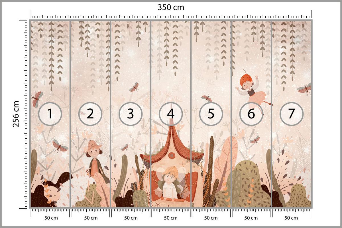 FOTOTAPETE für Kinderzimmer Feen Aquarell Wald Blumen Blätter Boho 350x256 - Beige/Orange, Papier (350/256cm) - Muralo
