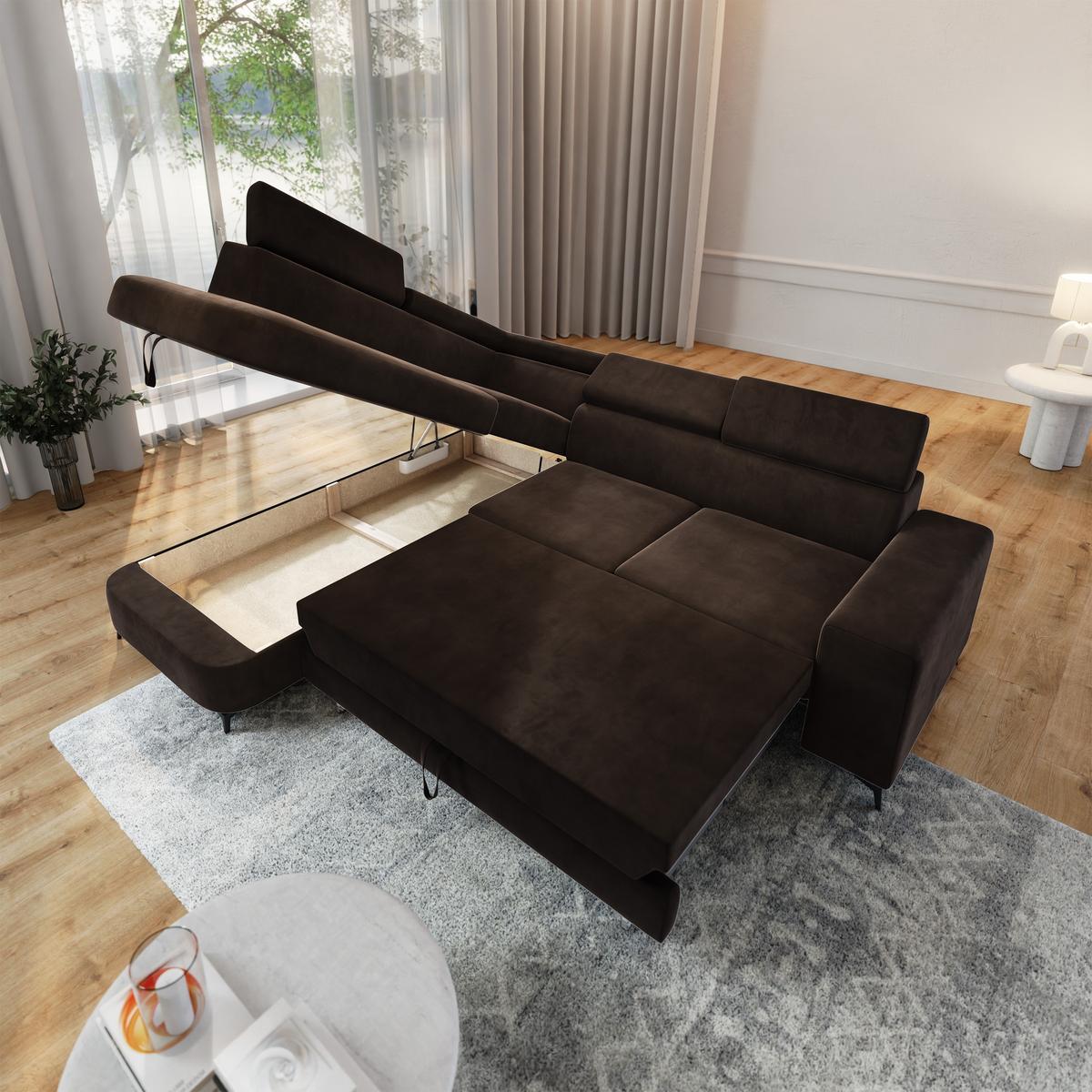 ECKSOFA ALVORO L-S Braun Velours-Stoff mit Schlaffunktion - Braun, Holz (253/190cm) - MASSENO