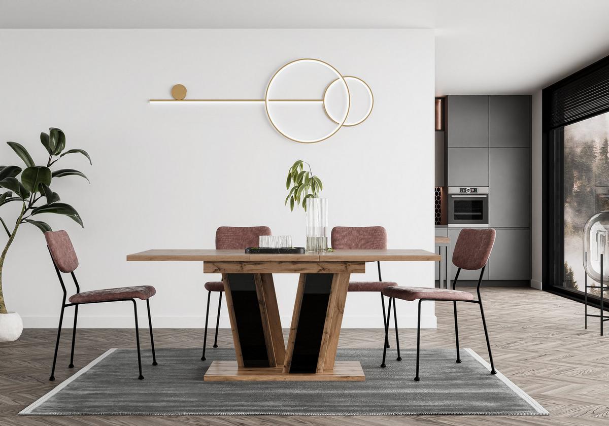 ESSTISCH BORSEN Ausziehbar 120 - 160 / 80 x 76 cm - Schwarz Hochglanz/Eiche Wotan, Holz (120/80/76cm) - MASSENO
