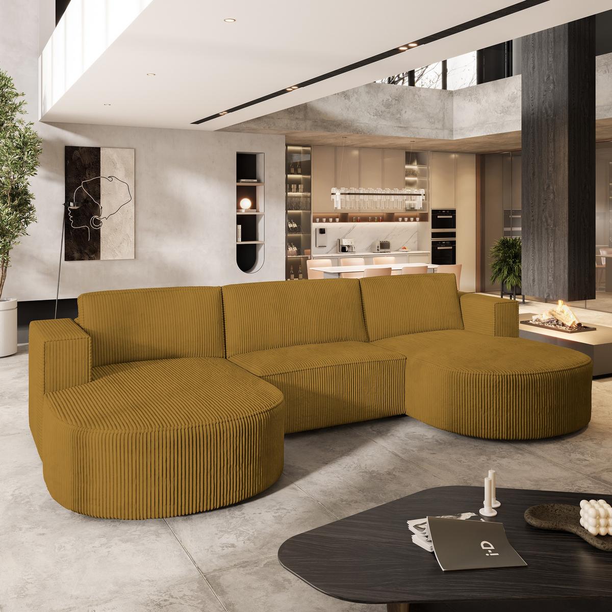 WOHNLANDSCHAFT VEZZO P Gelb Kordstoff mit Schlaffunktion - Gelb/Grau, Holz/Kunststoff (347/85/174cm) - MASSENO
