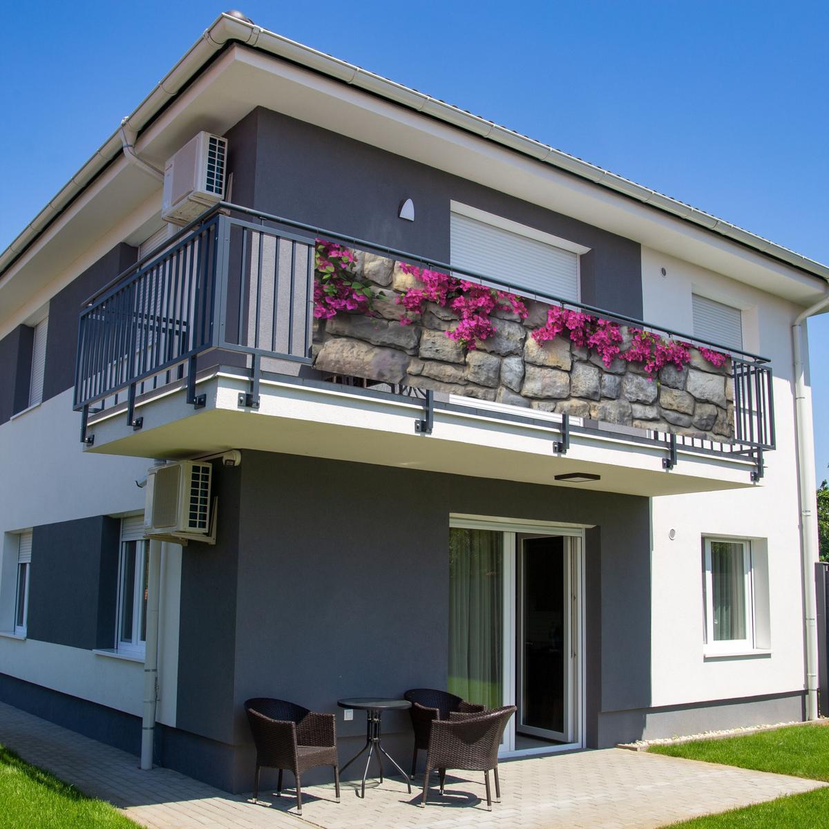 BALKON-SICHTSCHUTZ Bougainvillea - Steinmauer - Rosa Deko XXL 500x120 cm - Magenta, Kunststoff (500/120cm) - MuchoWow