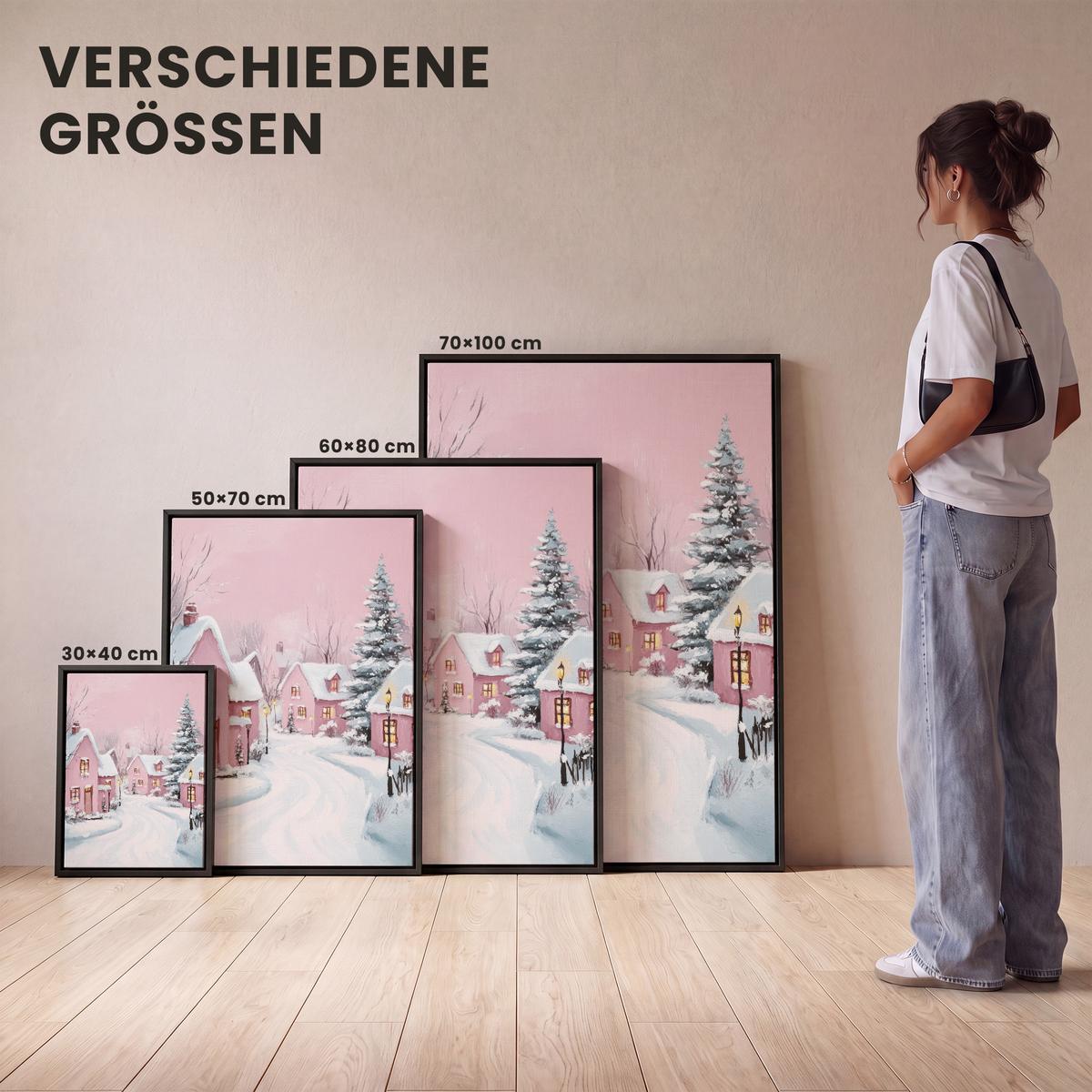 LEINWAND Bilder mit Rahmen - Weihnachtsdorf - Rosa - Winter - Schnee - Häuser - 50x70 - Altrosa, Textil (50/70cm) - MuchoWow