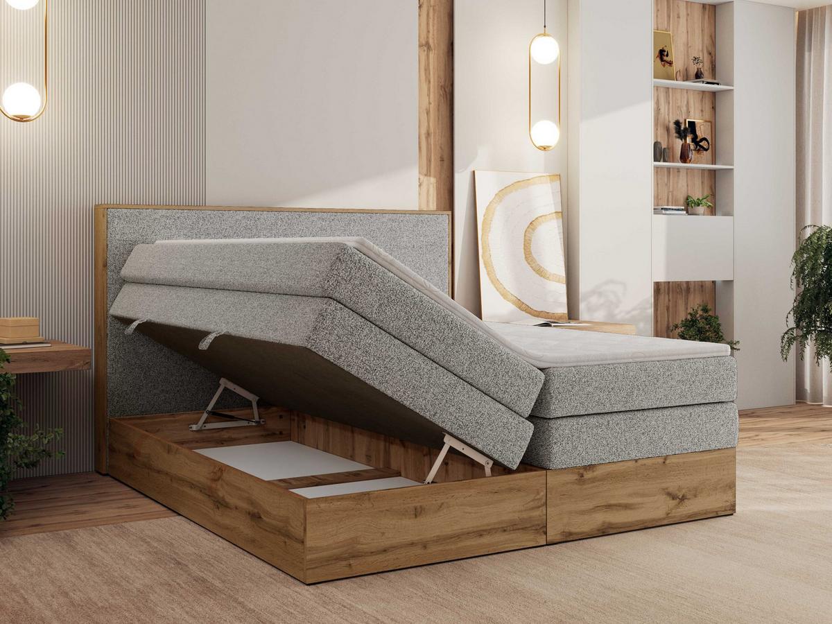 BOXBETT WOOD CLASSIC KING 200/200 - Hellgrau Strukture - H3 - Hellgrau, Textil (200/200cm) - MKS