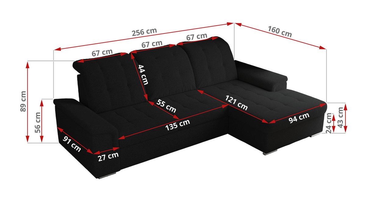 ECKSOFA MADRITO L - Schwarz Boucle - Rechts - Silberfarben/Schwarz, Textil/Metall (256/160cm)