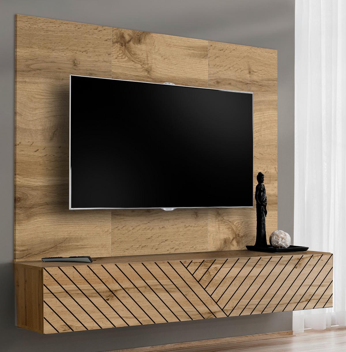 TV-LOWBOARD Eiche Wotan und schwarz 180 x 148 cm, Set hängend inklusive Akustikpaneel - Eiche Wotan/Schwarz, Holzwerkstoff (180/148/40cm) - Inn.Furn