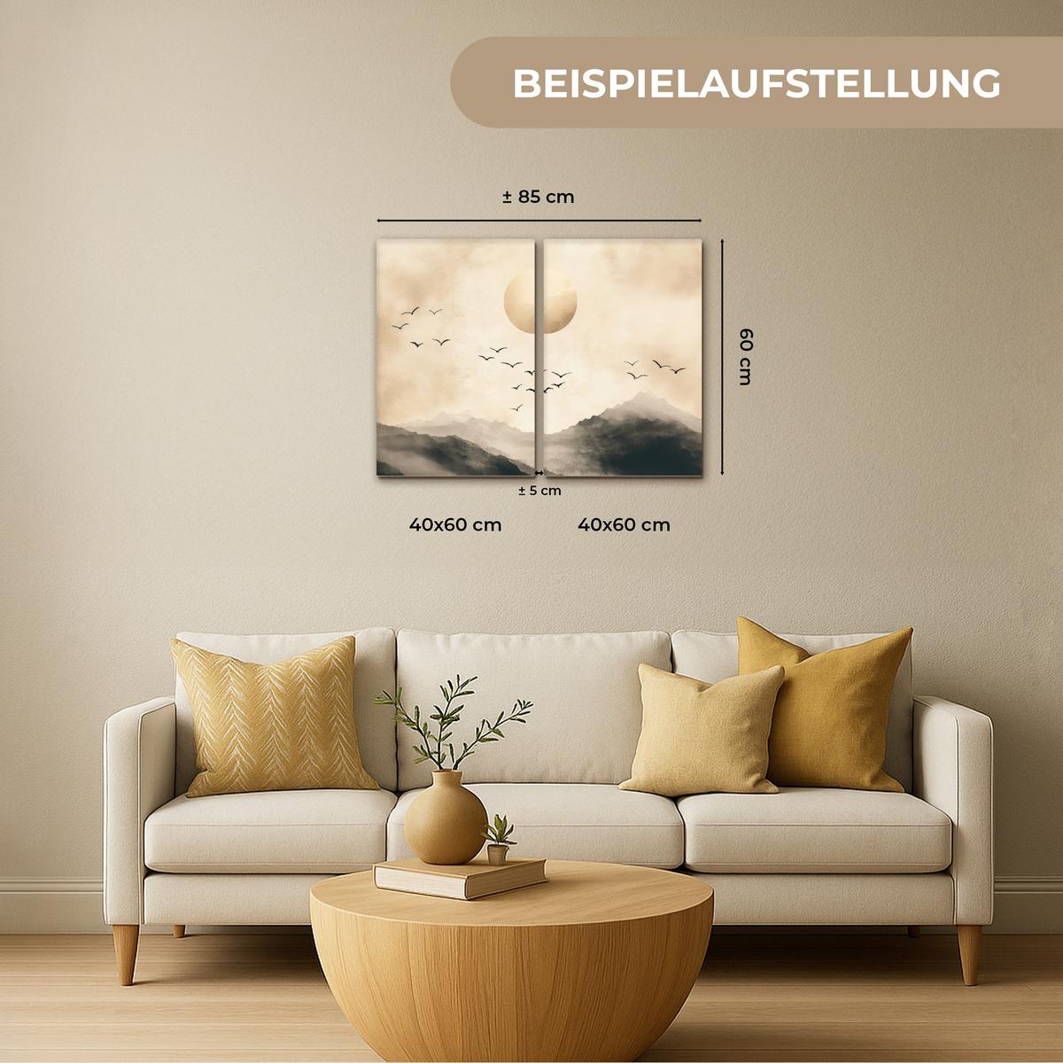 LEINWANDBILD 2er Set Landschaft - Japandi - Beige - Vögel 80x60 cm - Beige, Textil (80/60cm) - MuchoWow