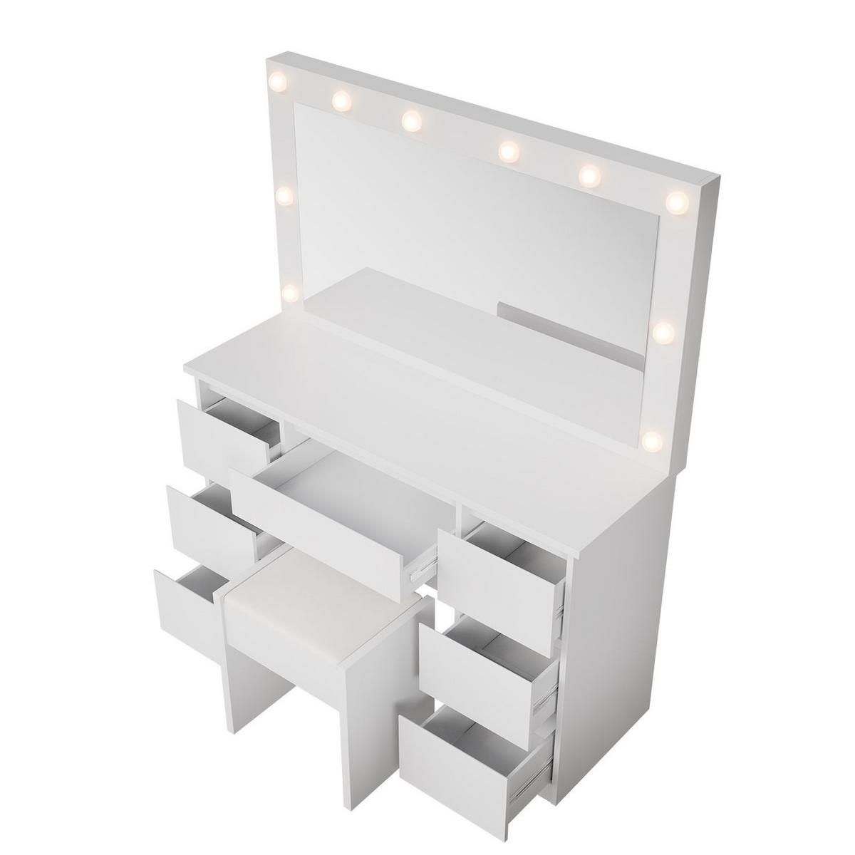 SCHMINKTISCH Lilia weiß mit LED-Beleuchtung und Hocker Melly - Weiß, Holz (108/140/41cm) - Juskys