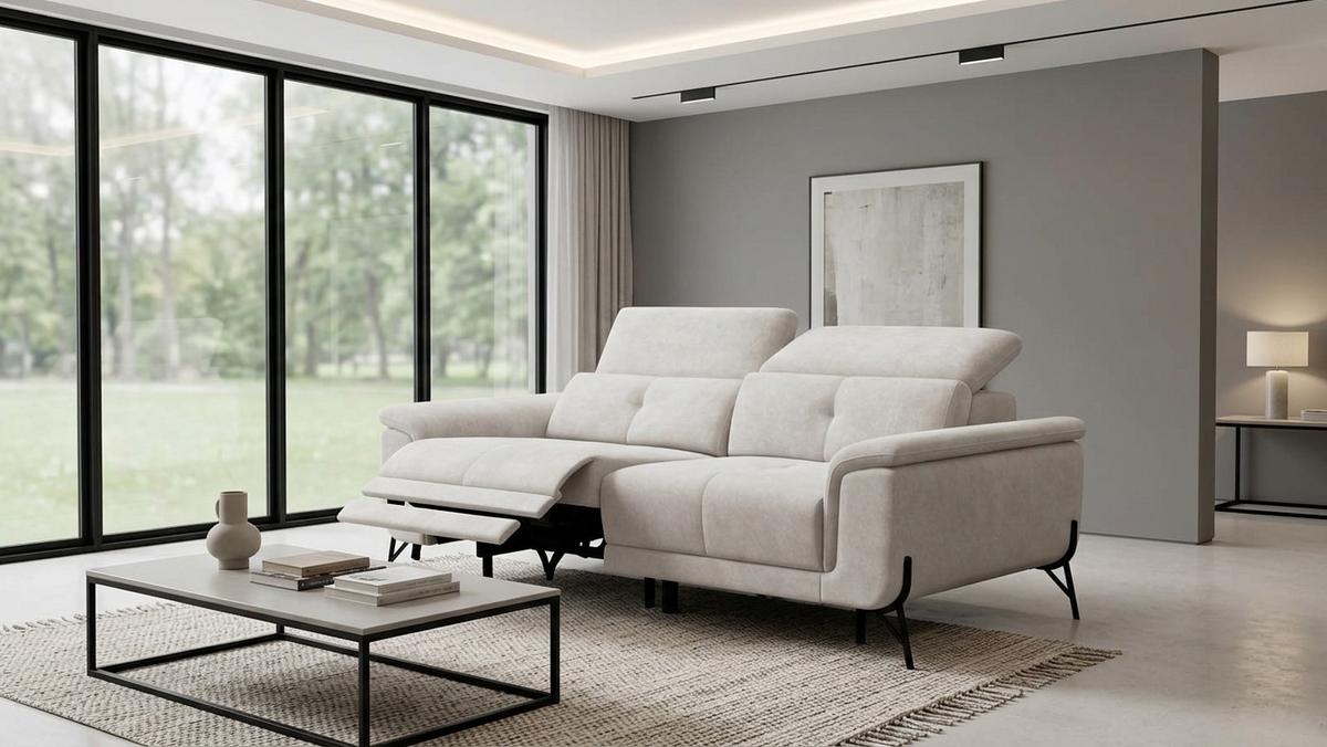SOFA RELAX AVENA 3-Sitzer, beiger Veloursstoff - Beige/Schwarz, Holz/Textil (204/80/108cm) - Courtois Laville