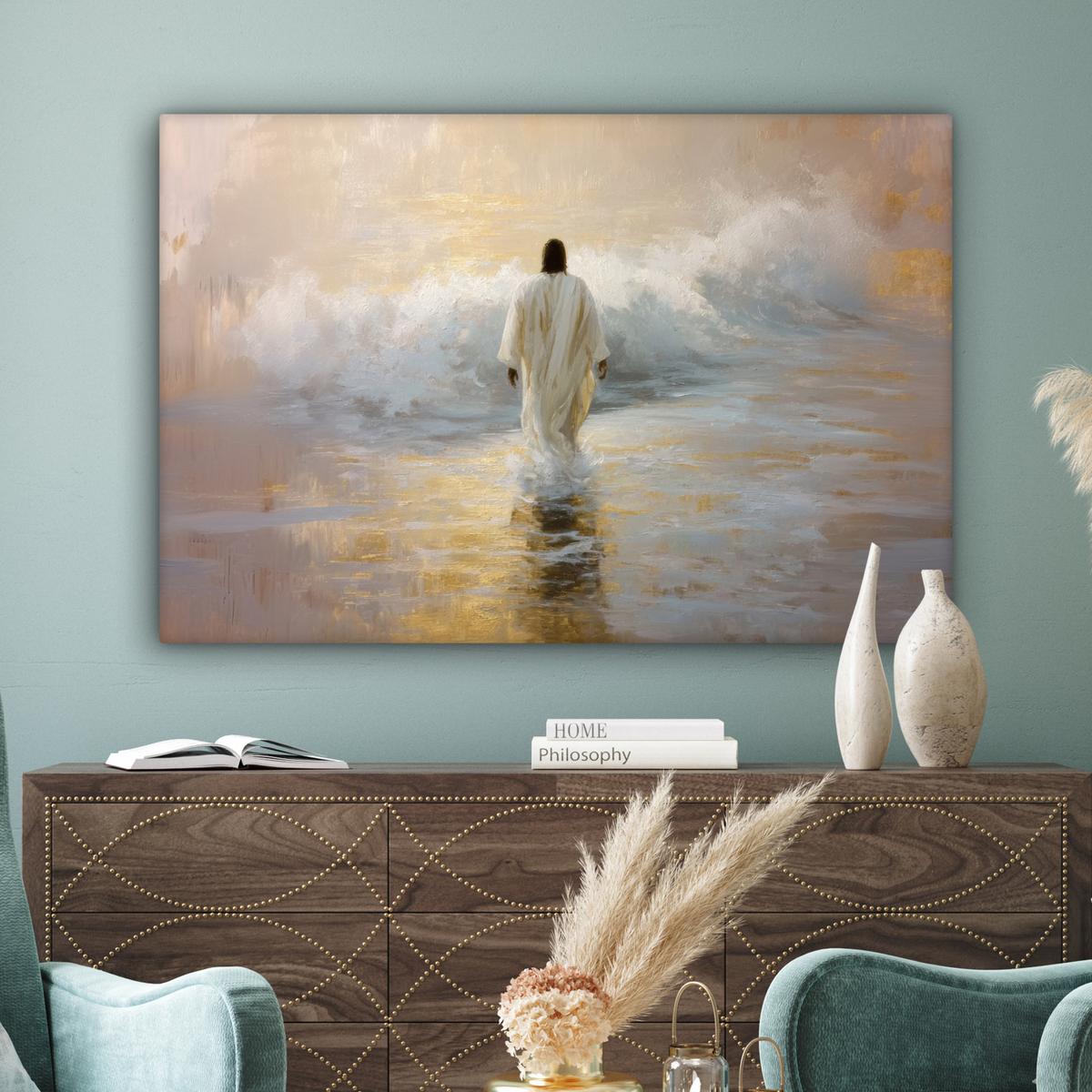 LEINWANDBILD Gemälde - Welle - Jesus - Abstrakt Wohnzimmer Groß 120x80 cm - Goldfarben, Textil (120/80cm) - MuchoWow