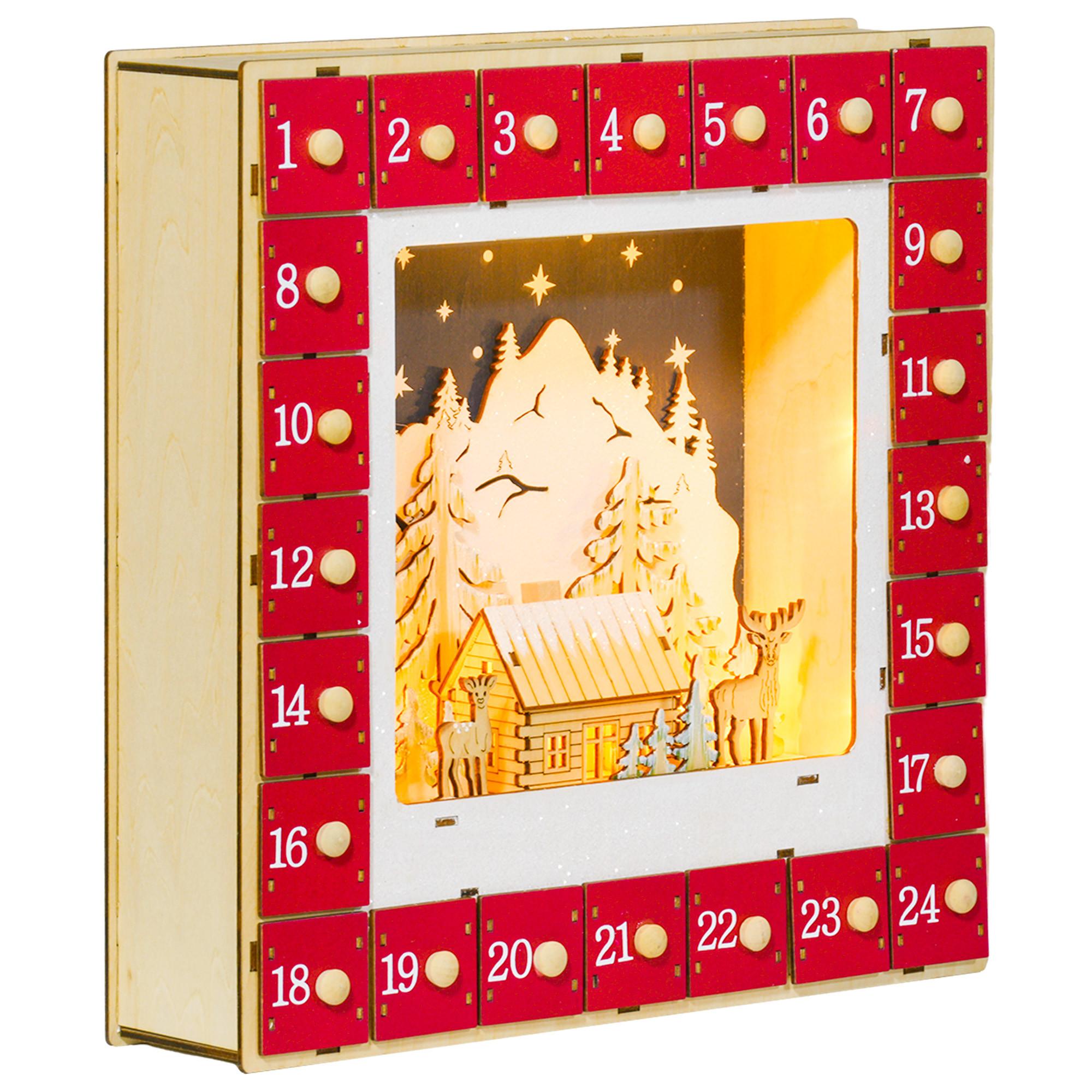 ADVENTSKALENDER Weihnachtskalender 24 Schubladen mit LED-Lichtern MDF Rot - Rot, Holzwerkstoff (7/34/34cm) - HOMCOM