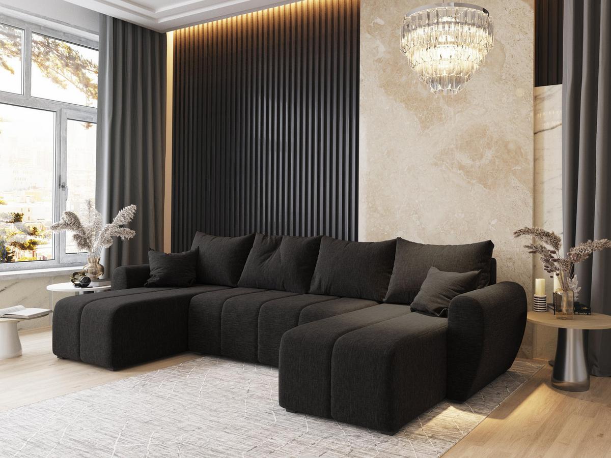 WOHNLANDSCHAFT MADISON U Grau Dünner Stoff mit Schlaffunktion - Schwarz/Grau, Holz/Kunststoff (311/82/145cm) - MASSENO