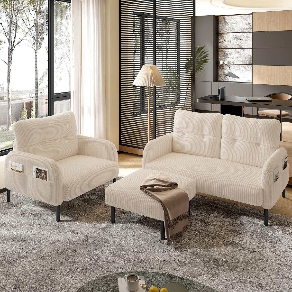 SITZGARNITUR 3-teiliges mit Hocker und Seitentasche - Beige, Textil (120/79/75cm) - Urban Meuble