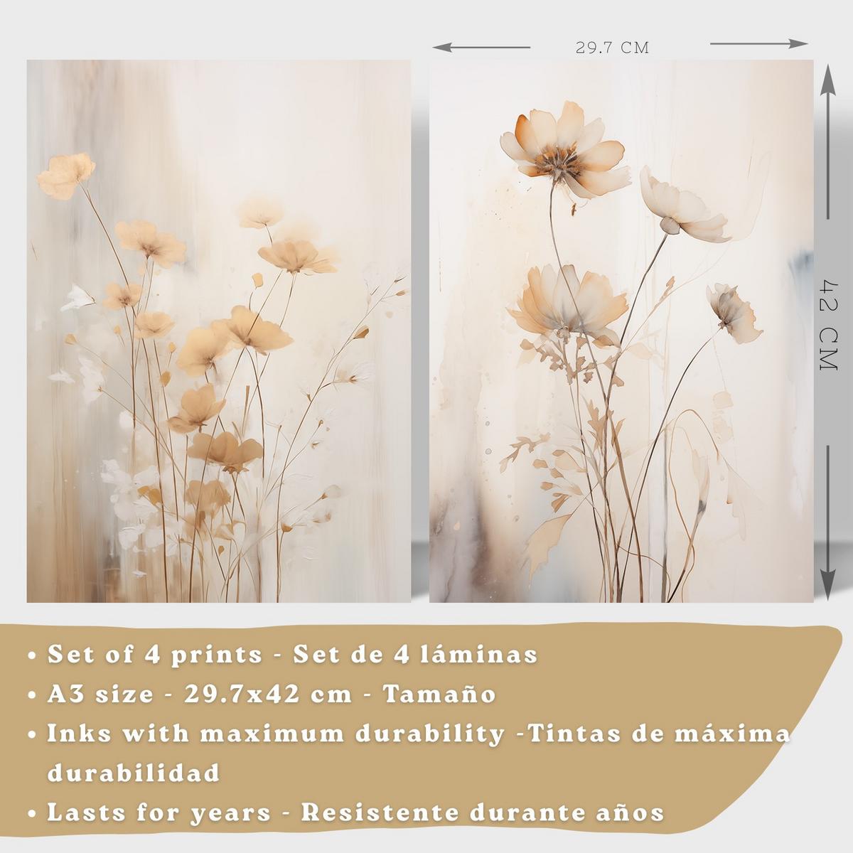 POSTER 4er-Set Wandbilder Blumen Vintage modern Wohnzimmer Deko, Schlafzimmer, Küche, Badezimmer Rahmenlos A3 - Schwarz, Papier (29.7/1/42cm) - Nacnic