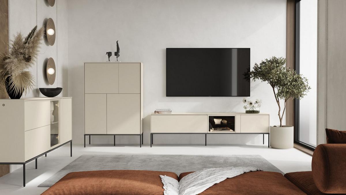SIDEBOARD Bellezo mit beleuchteter Glasvitrine Creme 196 cm - Creme/Schwarz, Holzwerkstoff/Metall (166/85/41cm) - Selsey