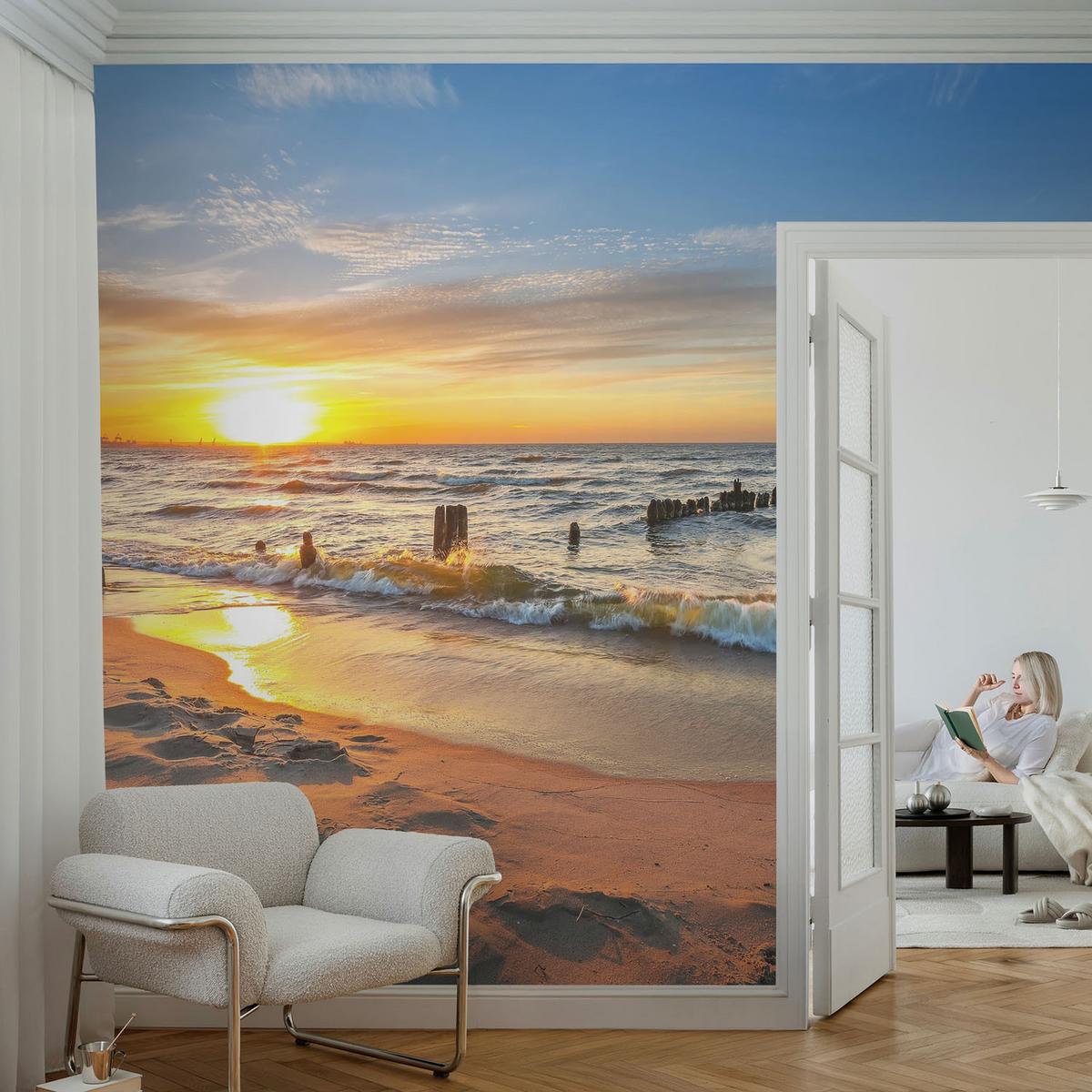 FOTOTAPETE 416x254 cm - Sonnenuntergang am Strand - Gelb, Textil (416/254cm) - Wallfluent
