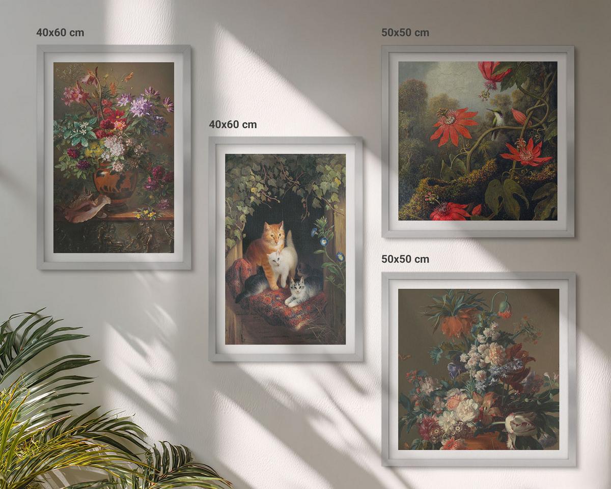BILDER SET 4er Set - 50x50 cm & 40x60 cm Silberner Rahmen - Vintage-Blumen, Katzen, Pflanzen - Silberfarben, Kunststoff (50/50cm) - TULUP